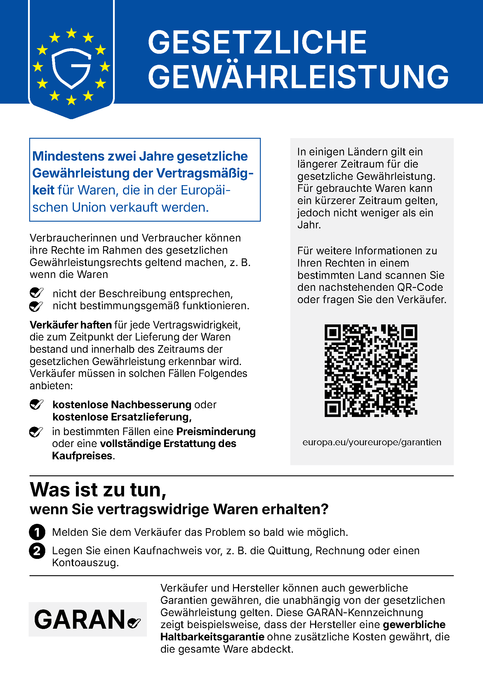 Amtliche EU-Mitteilung „Gesetzliche Gewährleistung“: mindestens zwei Jahre gesetzliche Gewährleistung für Waren, die in der Europäischen Union verkauft werden.
